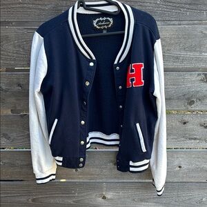 Navy and White Varsity Jacket with Red H